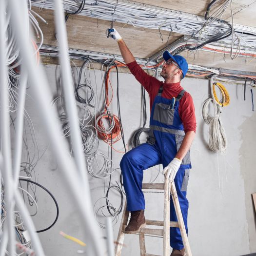 Elettricista al lavoro su un impianto elettrico in un cantiere.